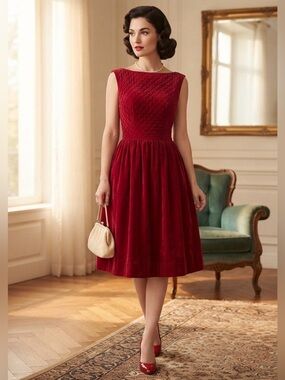 Lanz Originals 1960s Deep Red Quilted Velvet Holiday Party Dress